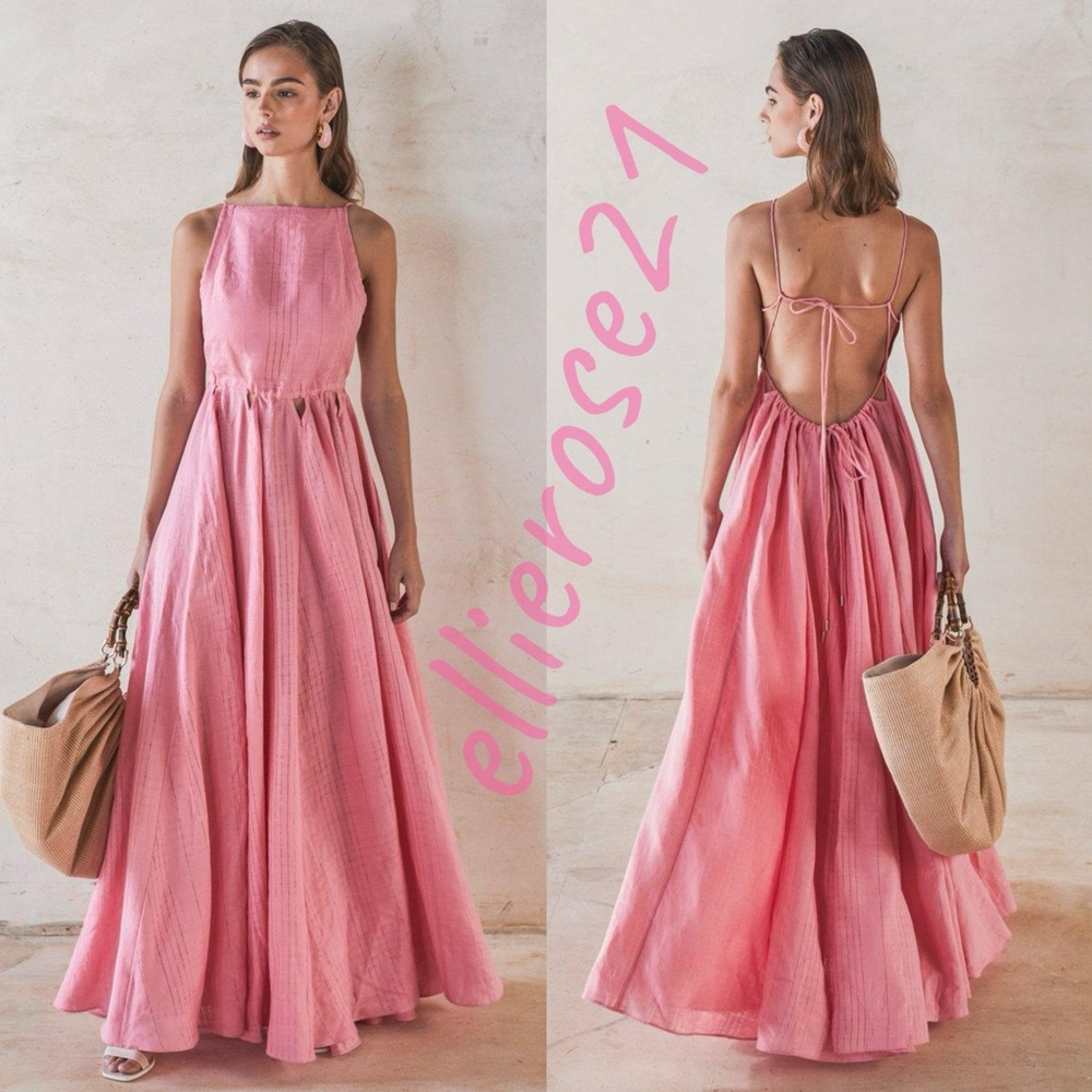 NWT Cult Gaia Bella Pink Linen Tie Up Cutout Open Back Maxi Dress S - Picture 4 of 14